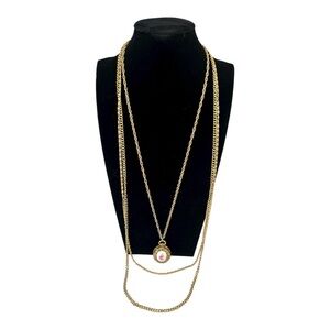 Vintage Goldette Gold Tone Triple Strand Necklace Guilloche Locket Rose Pendant